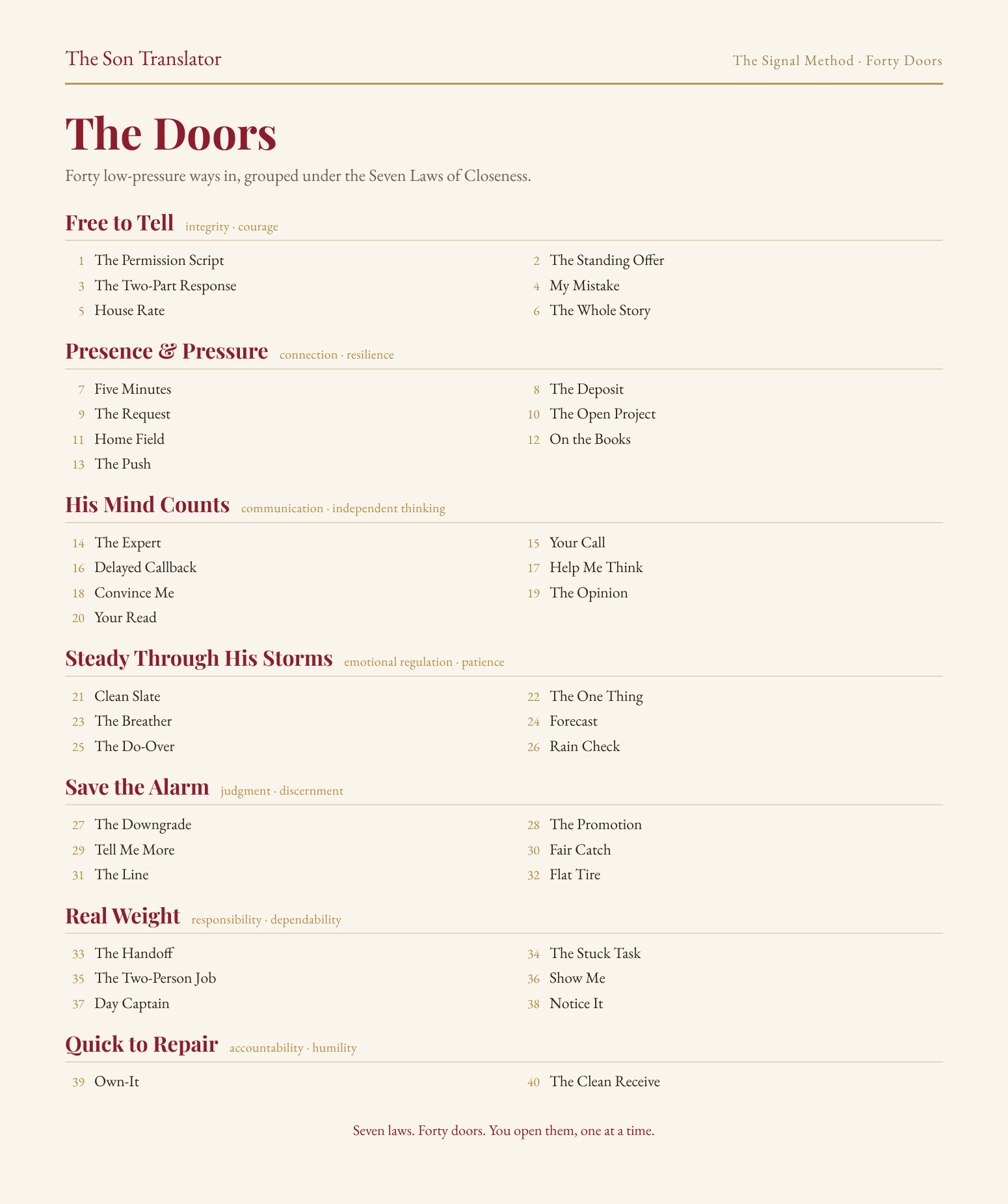 The Doors: forty low-pressure ways in, grouped under the Seven Laws of Closeness